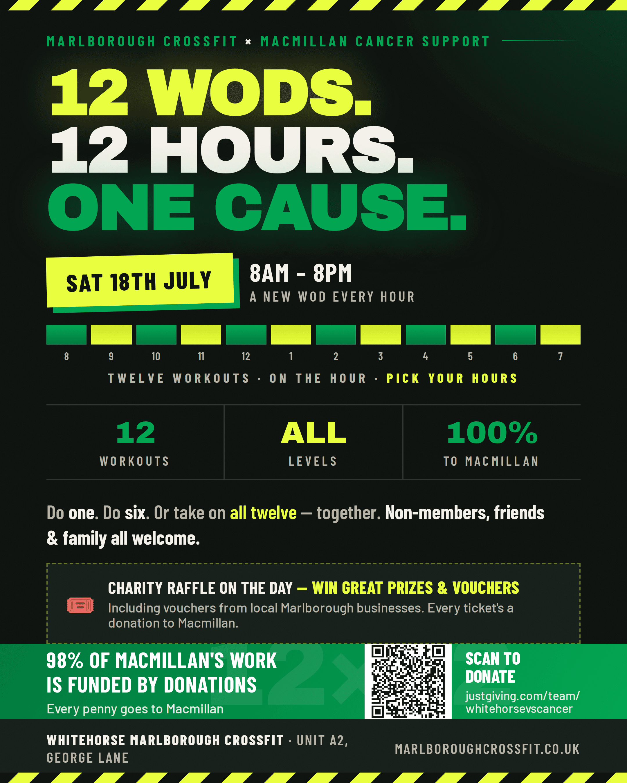 Campaign poster reading 12 WODs, 12 hours, one cause — Saturday 18th July, 8am to 8pm, a new workout every hour, all levels welcome, 100% to Macmillan Cancer Support, at WhiteHorse Marlborough CrossFit